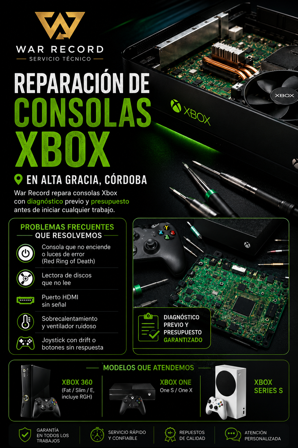 Reparación consola Xbox 360 Xbox One Xbox Series S en Alta Gracia Córdoba — War Record Servicio Técnico