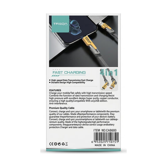 Cable 4 en 1 USB-C y Lightning 65W Treqa Turbo — 1 Metro — dorso de la caja