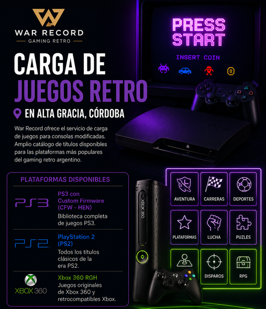 Carga de juegos retro PS3 CFW PS2 Xbox 360 RGH en Alta Gracia Córdoba — War Record Gaming Retro