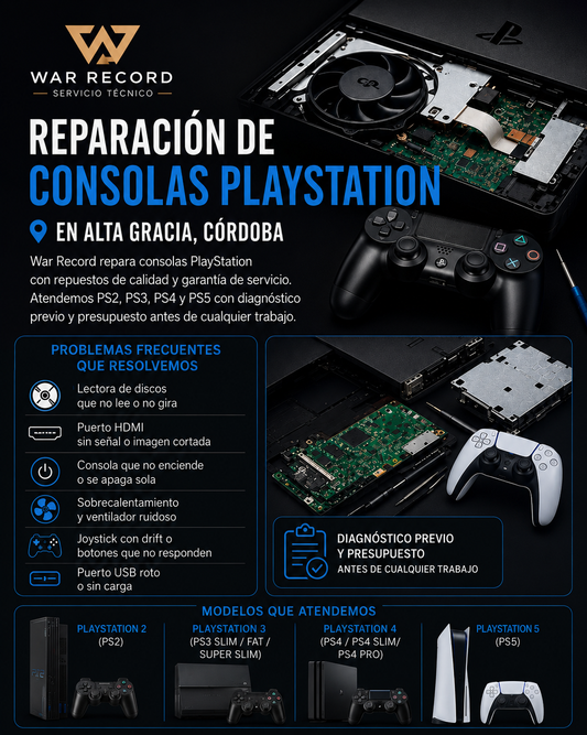 Reparación consola PlayStation PS2 PS3 PS4 PS5 en Alta Gracia Córdoba — War Record Servicio Técnico