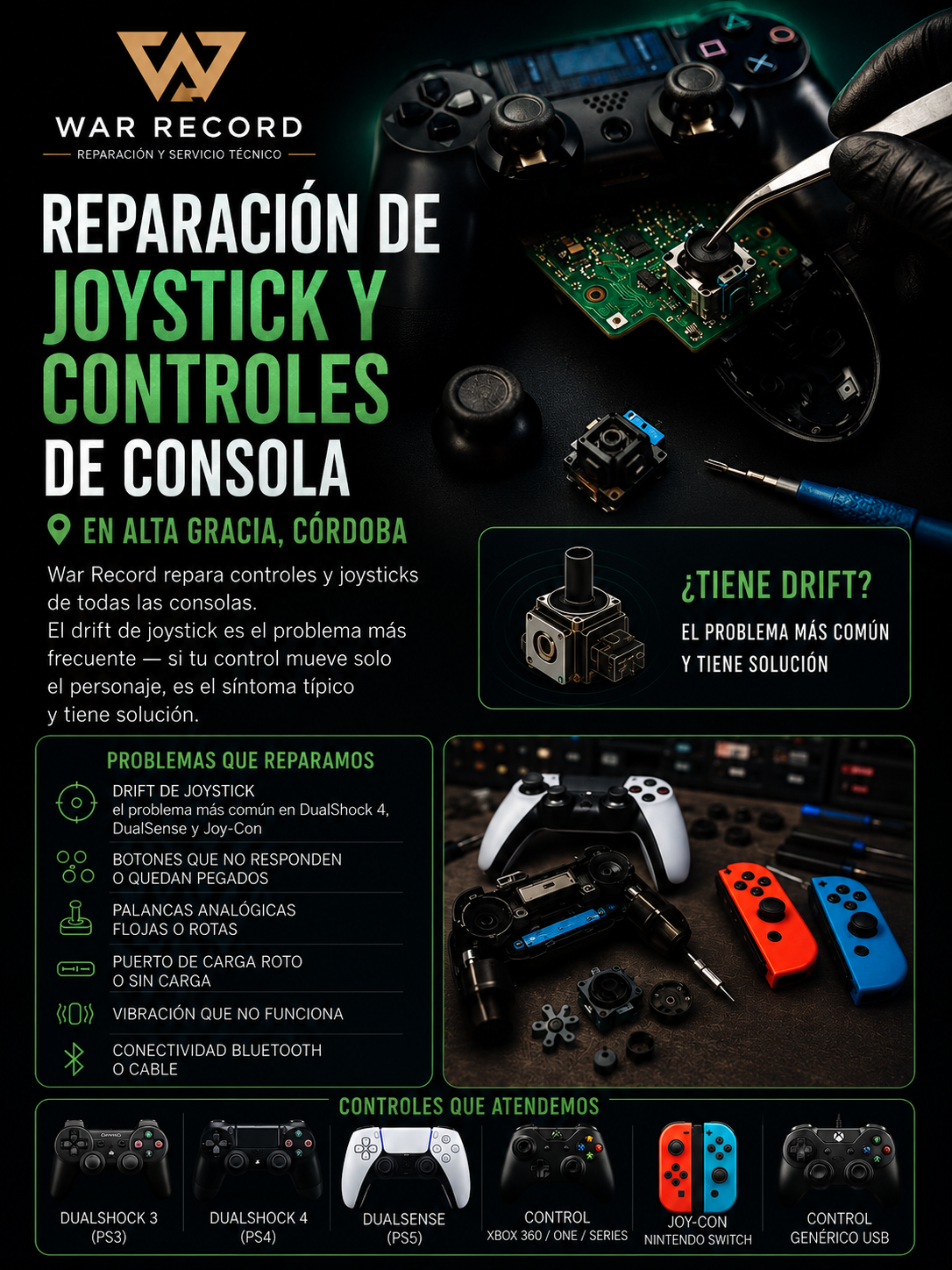 Reparación de joystick y control DualShock DualSense Xbox Joy-Con en Alta Gracia Córdoba — War Record