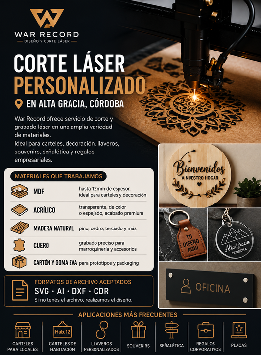 Corte láser personalizado MDF acrílico madera cuero llaveros carteles en Alta Gracia Córdoba — War Record