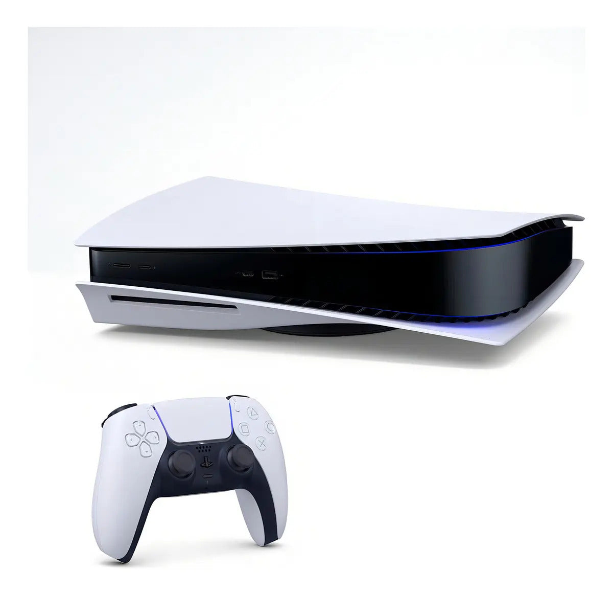 PS5 Standard en posición horizontal con joystick DualSense (foto ilustrativa)