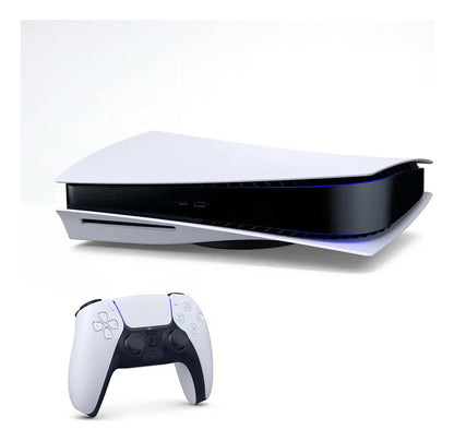 PS5 Standard en posición horizontal con joystick DualSense (foto ilustrativa)
