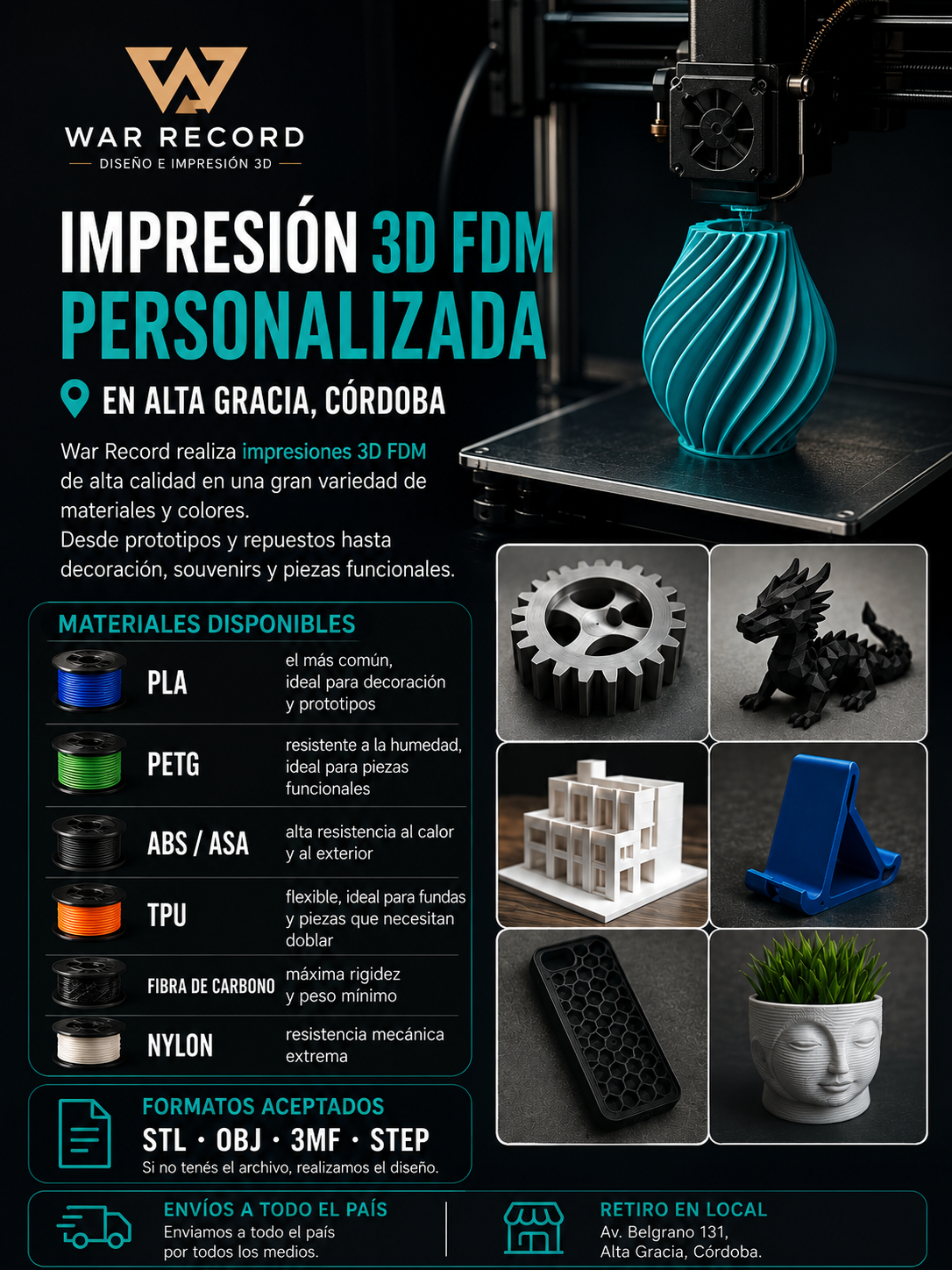 Impresión 3D FDM personalizada PLA PETG ABS TPU fibra de carbono en Alta Gracia Córdoba — War Record