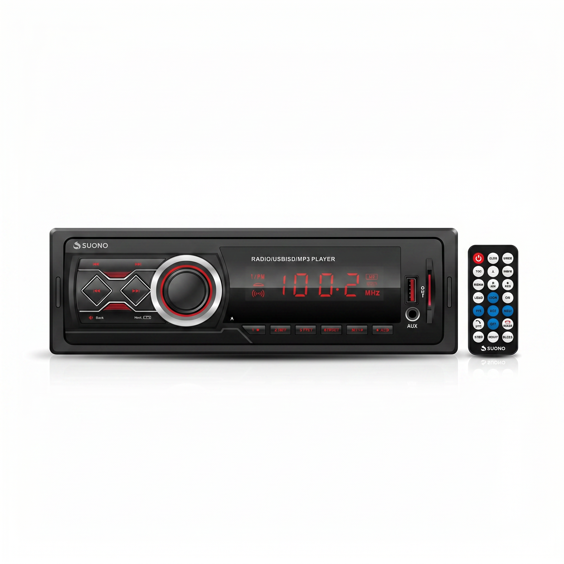 Autoestéreo SUONO 1-DIN Bluetooth USB — Pantalla Digital y Control Remoto