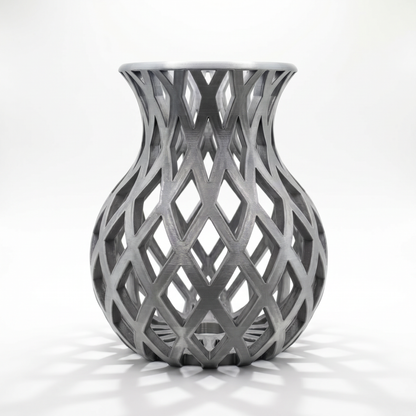 Vasija Decorativa Lattice Gris — Impresa en 3D en PLA, Diseño Geométrico