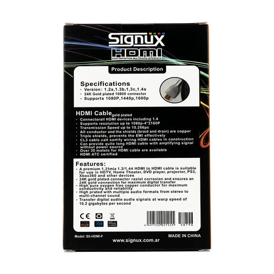Cable HDMI Plano de 1,5 m Signux v1.4 — PS3, Xbox 360 y Smart TV — dorso de la caja