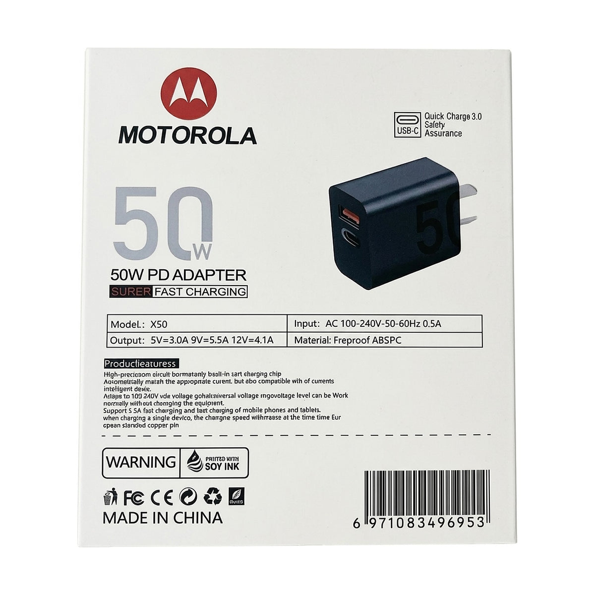 Cargador Rápido 50W USB-C PD y USB-A Quick Charge 3.0 — dorso de la caja