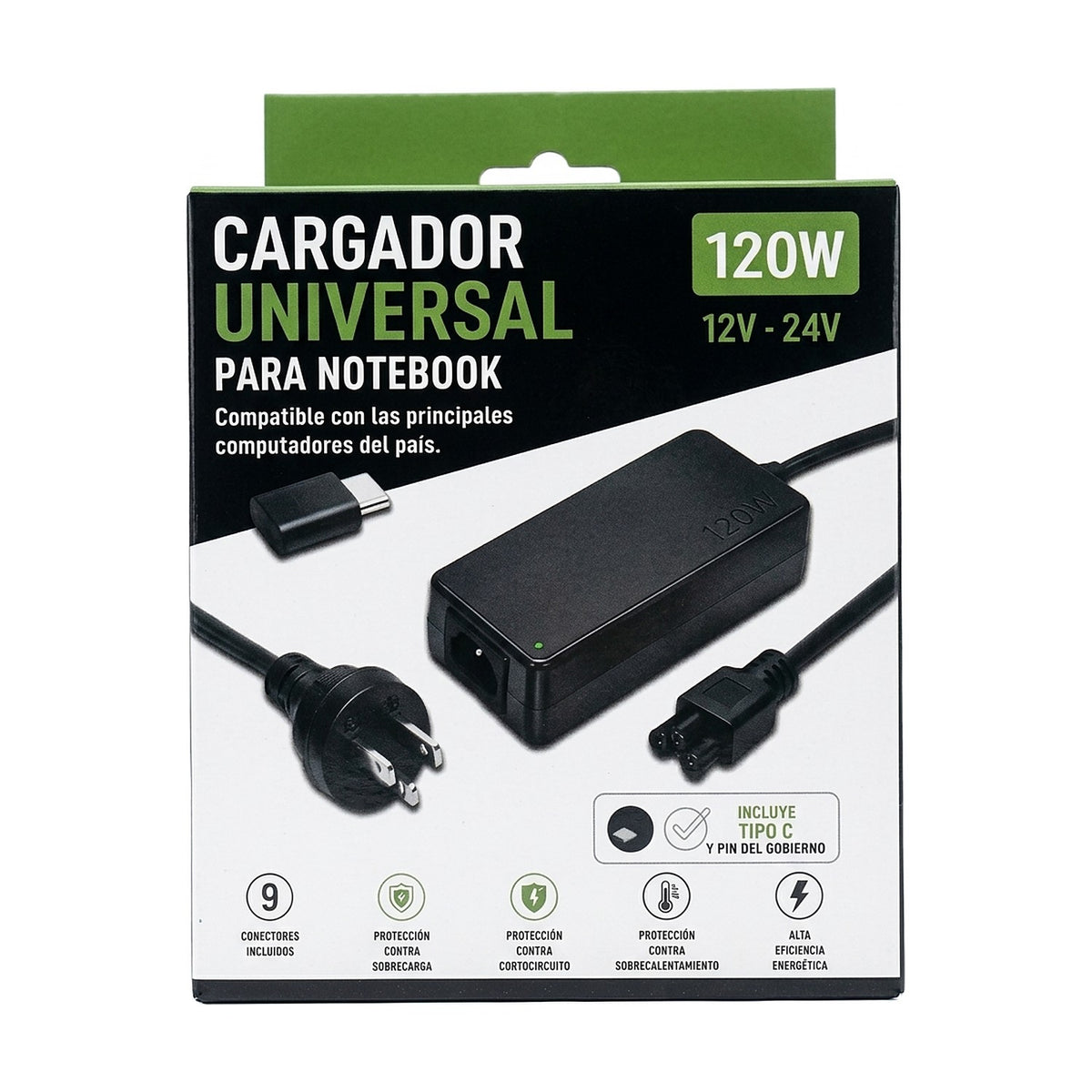 Cargador Universal para Notebook 120W con 9 Puntas y USB-C