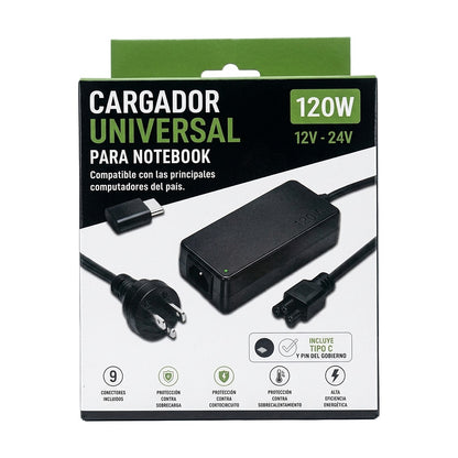 Cargador Universal para Notebook 120W con 9 Puntas y USB-C