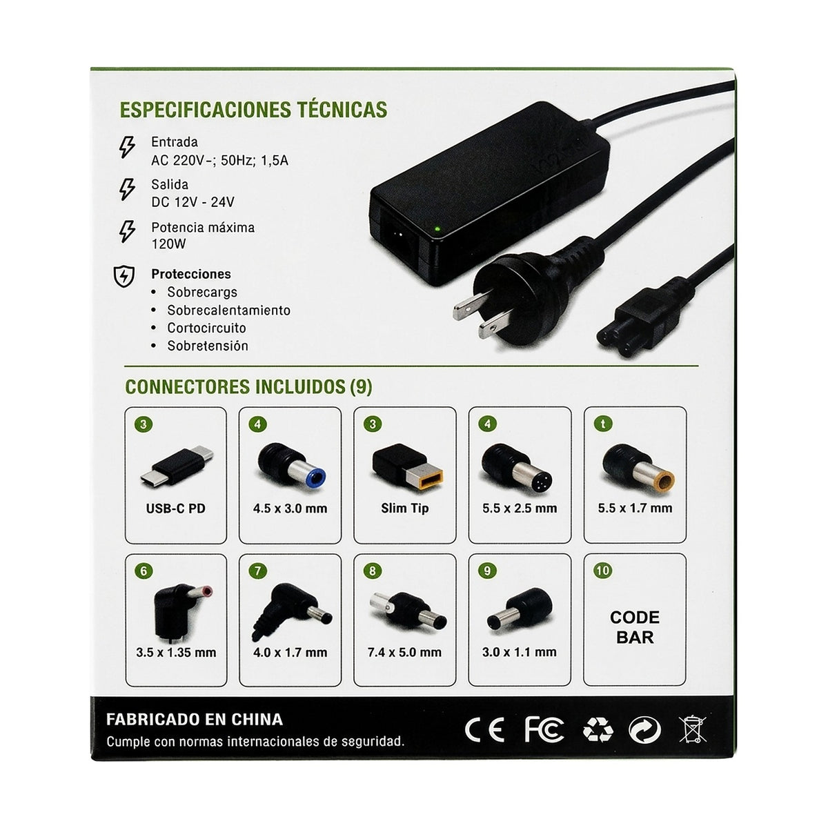 Cargador Universal para Notebook 120W con 9 Puntas y USB-C — dorso de la caja