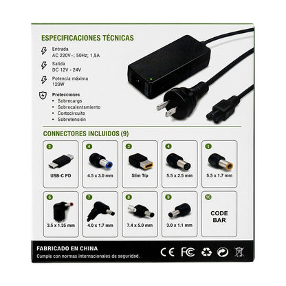 Cargador Universal para Notebook 120W con 9 Puntas y USB-C — dorso de la caja