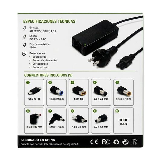 Cargador Universal para Notebook 120W con 9 Puntas y USB-C — dorso de la caja