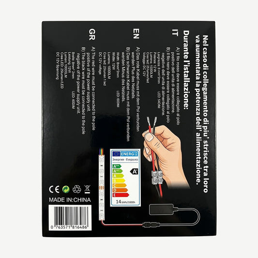 Tira LED RGB 5050 de 5 Metros con Control Remoto — Videomax — dorso de la caja