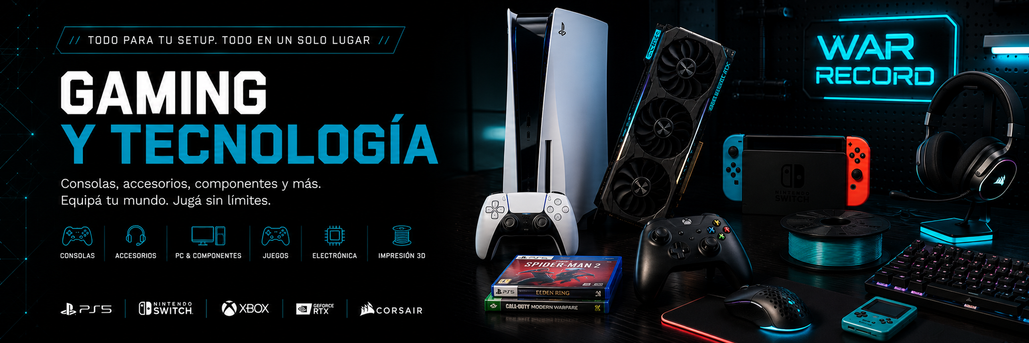 Gaming y tecnología en War Record: consolas, accesorios, componentes de PC gamer y videojuegos en Alta Gracia, Córdoba.