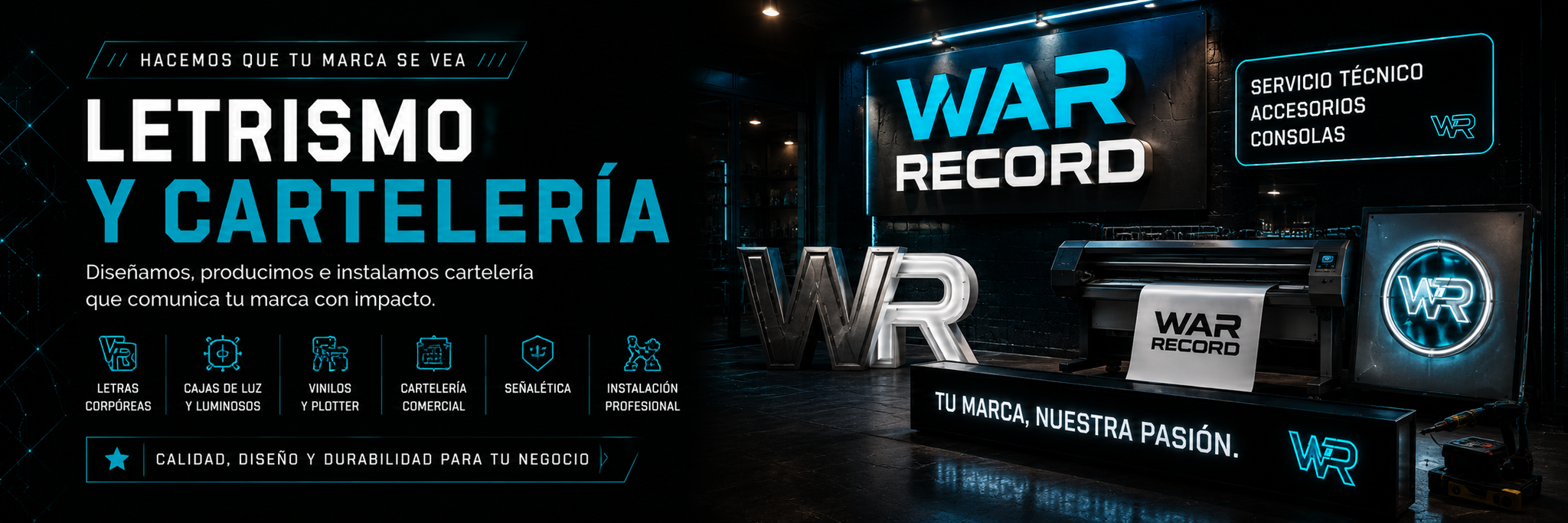 Letrismo y cartelería en War Record, Alta Gracia — letras corpóreas, cajas de luz, vinilos, señalética e instalación profesional.