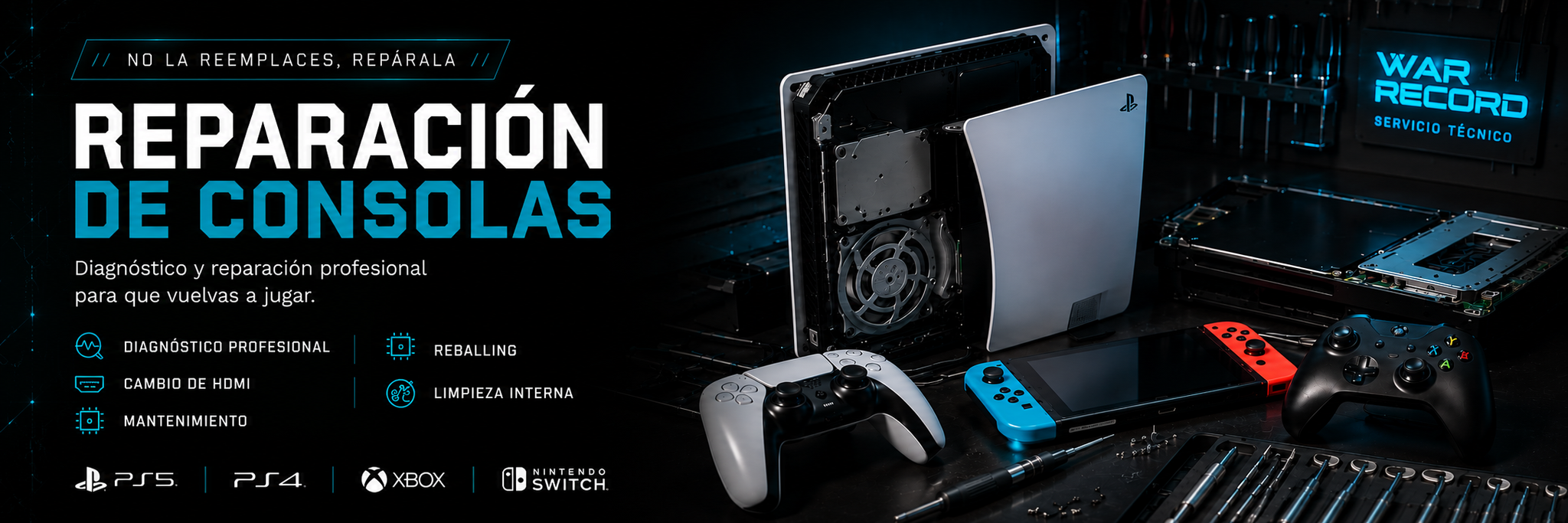 Reparación de consolas PS5, PS4, Xbox y Nintendo Switch en War Record, Alta Gracia — cambio de HDMI, reballing y limpieza interna.